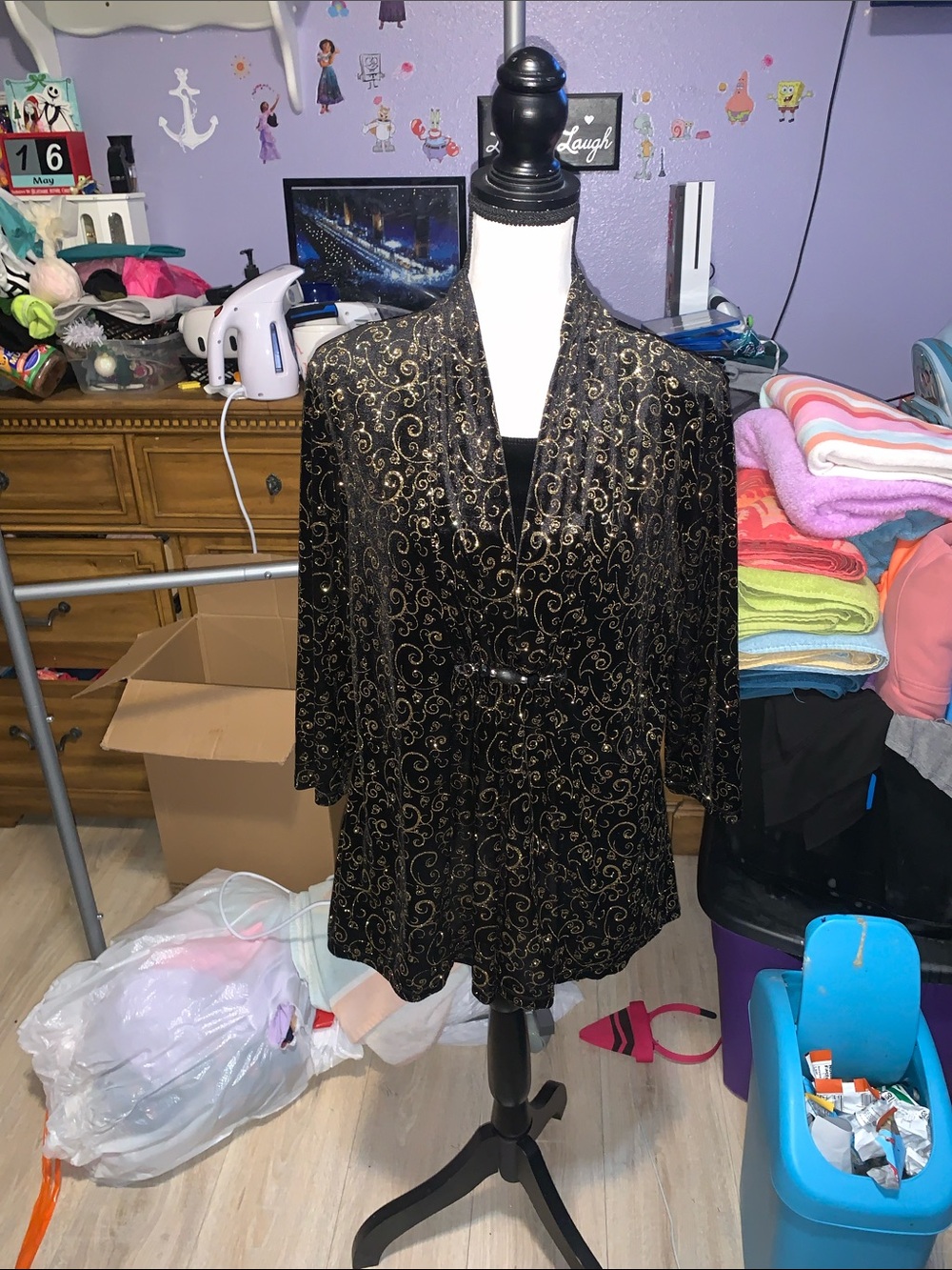 Notations Womens Large Black Velvet Velour Gold Sparkly Swirls Blouse Evening